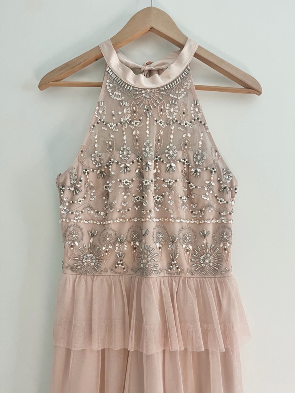 Adrianna Papell Blush Pink Tiered Tulle Skirt Beaded Bodice Ball Gown Dress Sz 6 - Picture 4 of 15